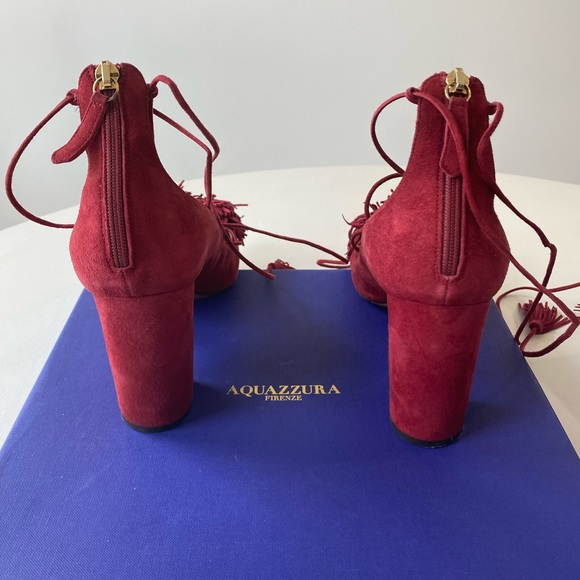 Aquazzura Burgundy Suede Fringe Wild Thing Pumps Lace Up Heels - Picture 7 of 11